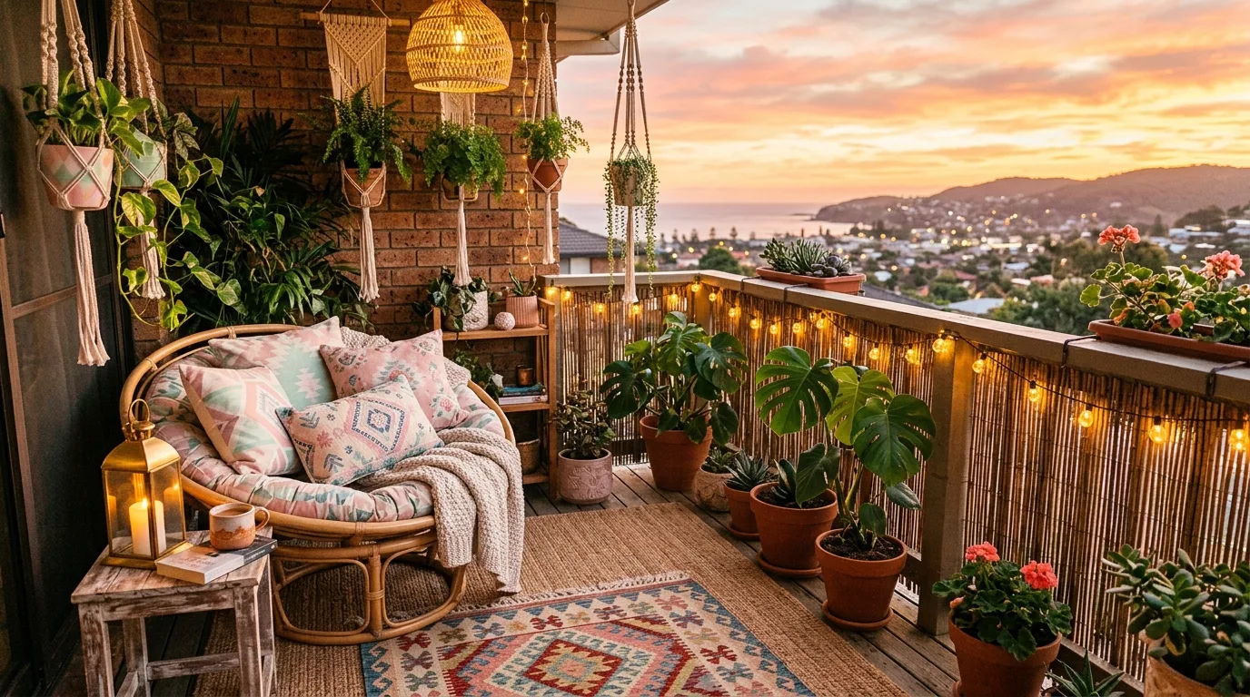 Hanging planters adding vertical charm to a cute small balcony.