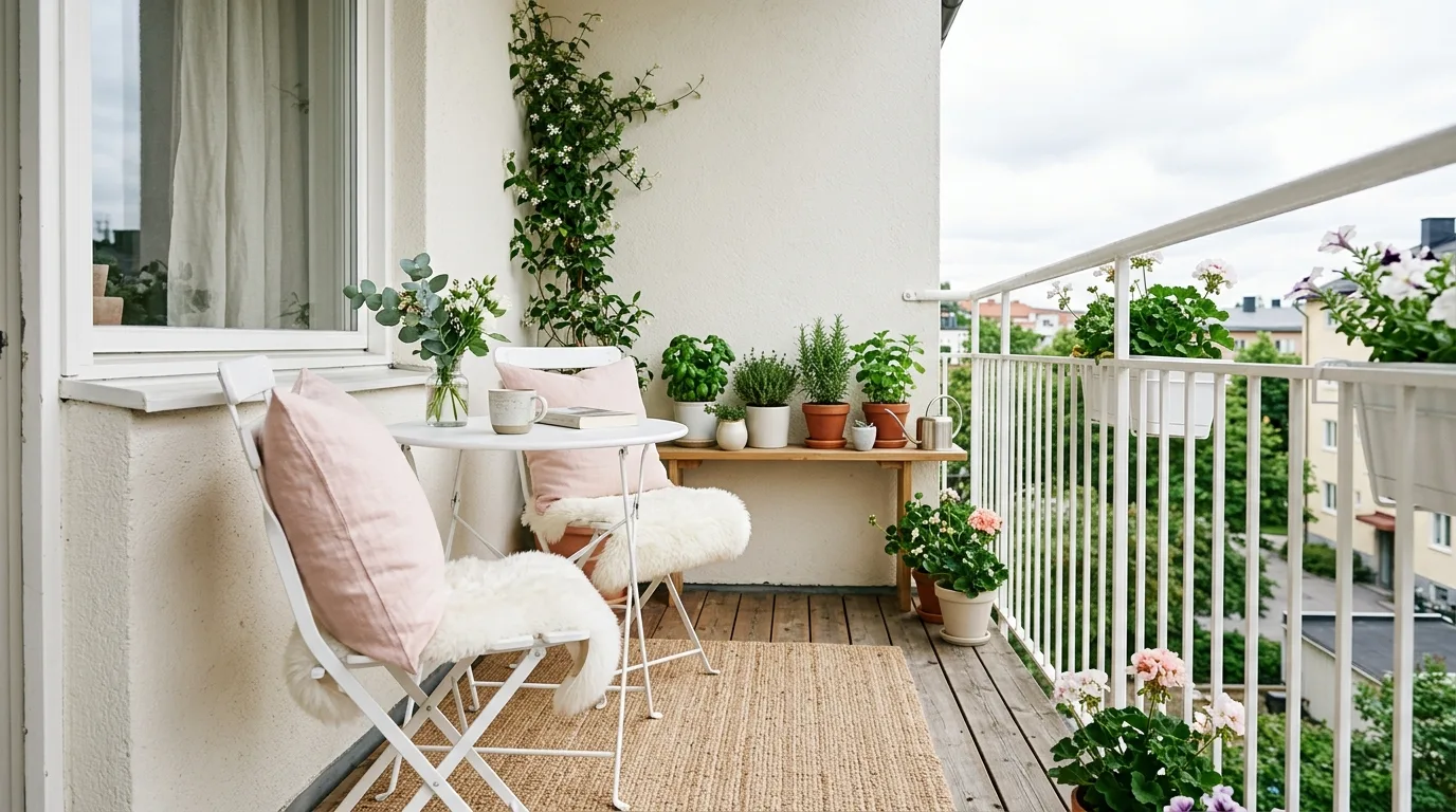 Light colors keeping a small balcony cheerful and inviting.