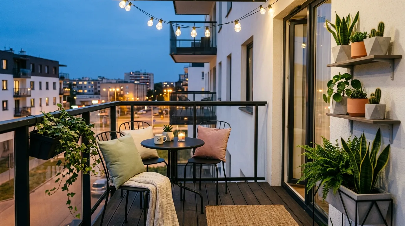 Cute outdoor stool or pouf adding charm and function to a small balcony.