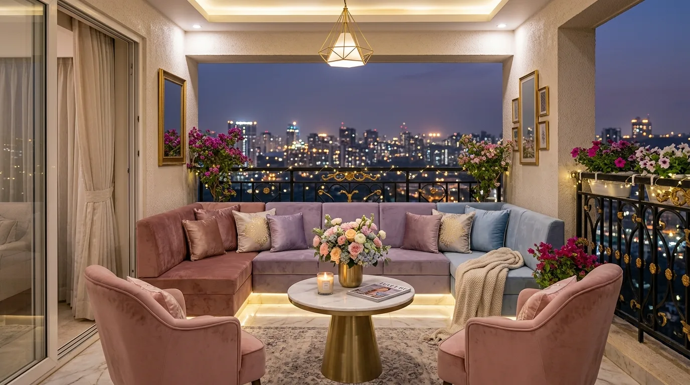 Soft welcoming seating on a cute small balcony with cozy decor.