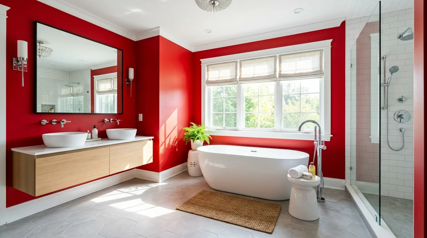 Daring red bathroom designed to energize the morning routine.