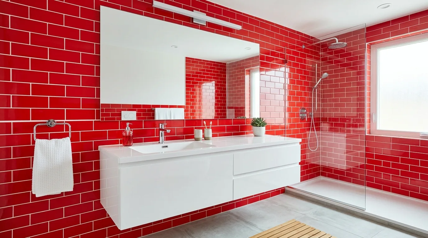 Red vanity creating a strong focus in a bathroom.