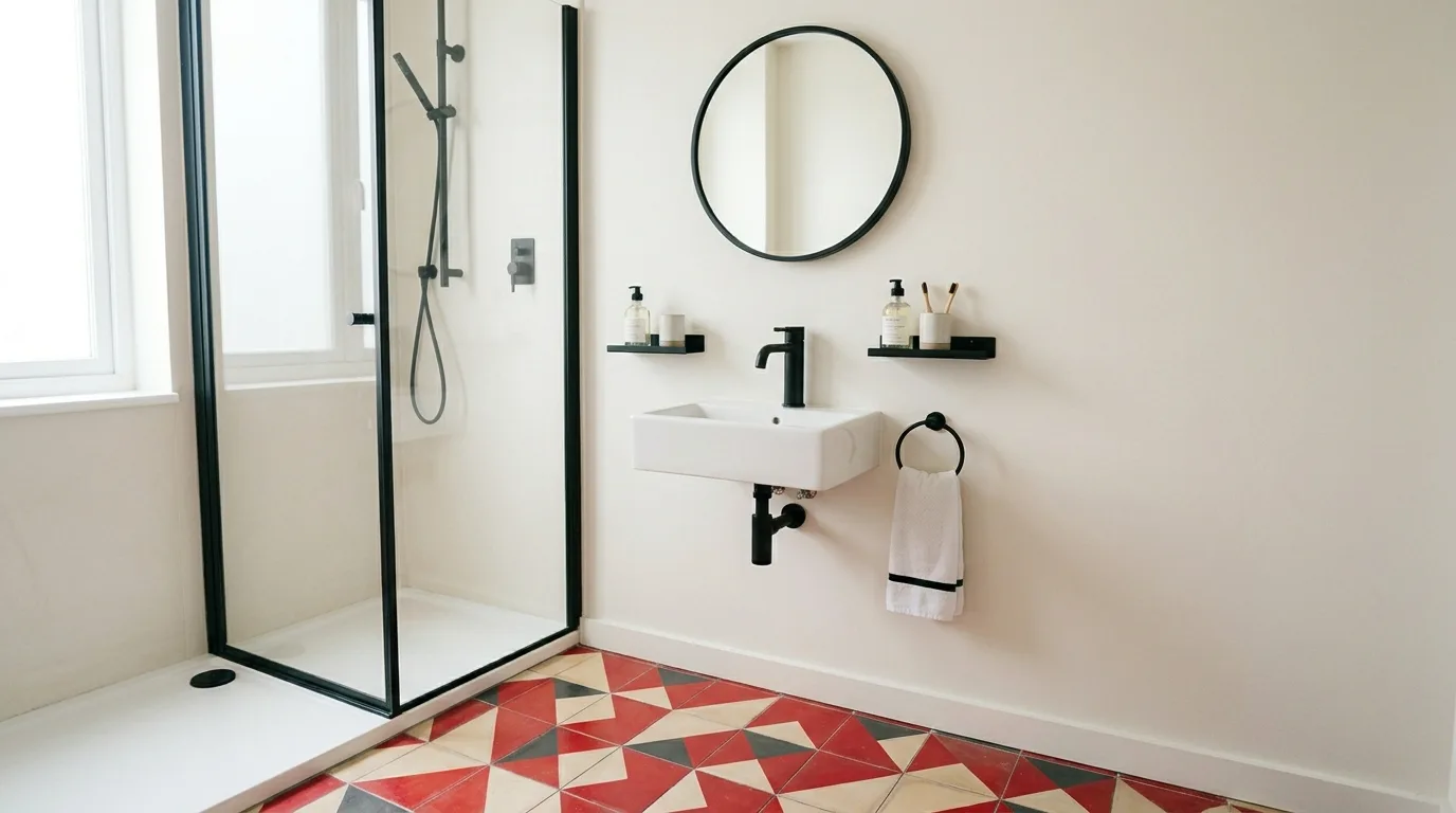 Focused red tile zone in an energetic bathroom.