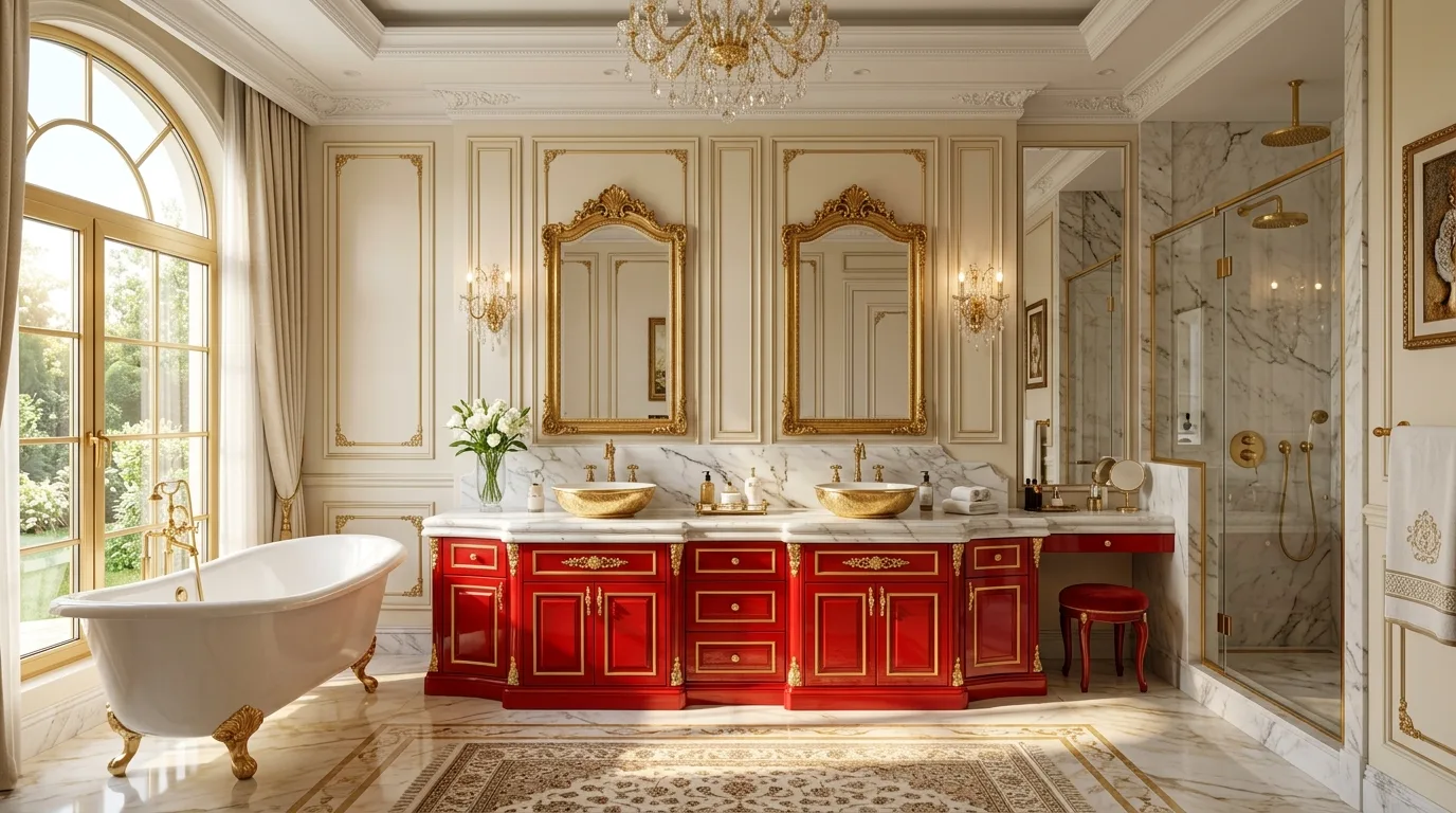 Red paired with bright white in a fresh bathroom contrast.