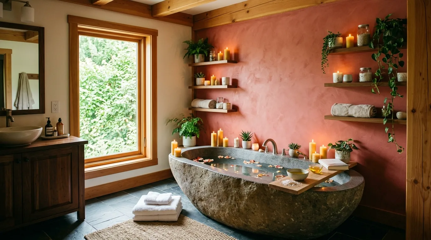 Black accents giving graphic edge to a red bathroom.