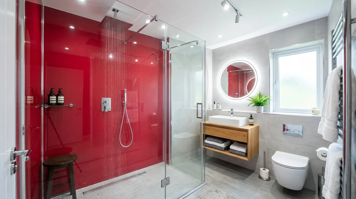 Warm metals enriching a daring red bathroom.