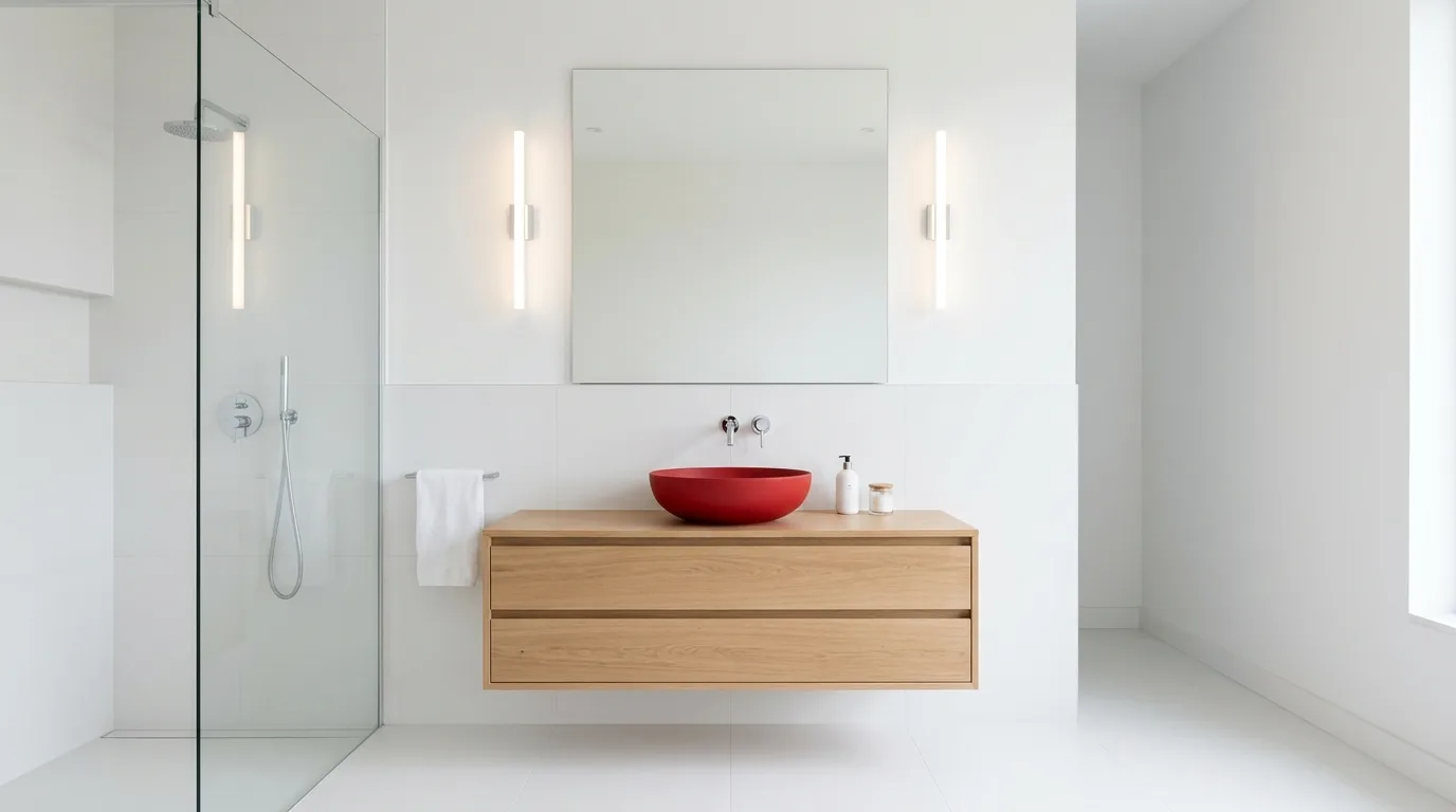 Red textiles carrying color in a daring bathroom.