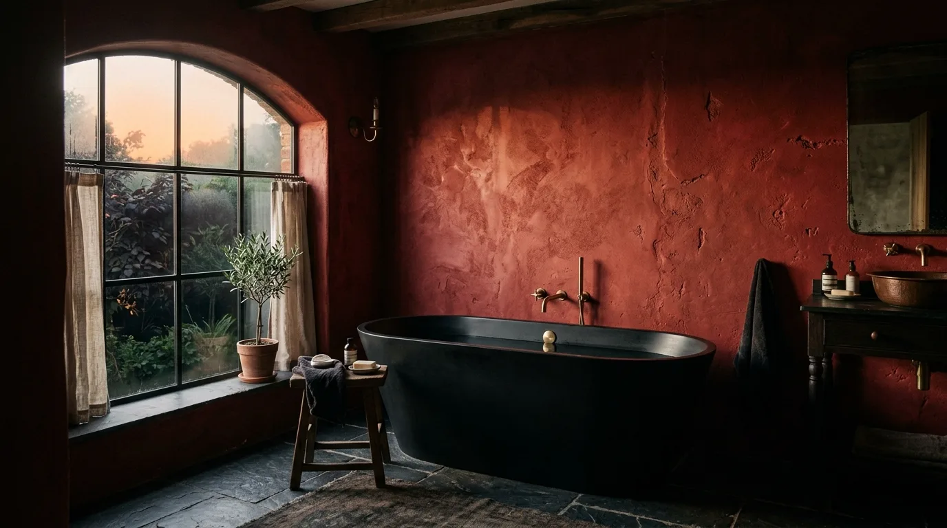 Lighting flattering a daring red bathroom palette.