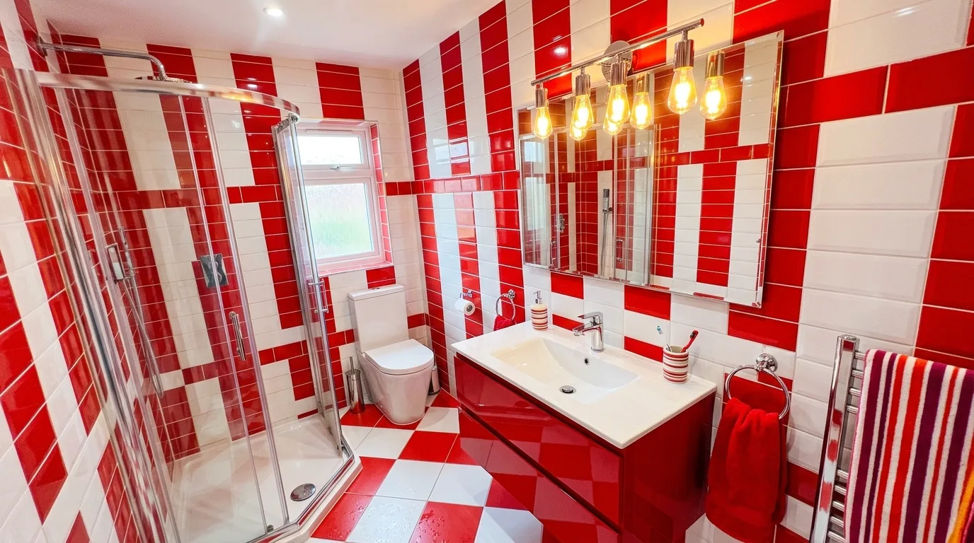 Awake confident bathroom finished with daring red design.