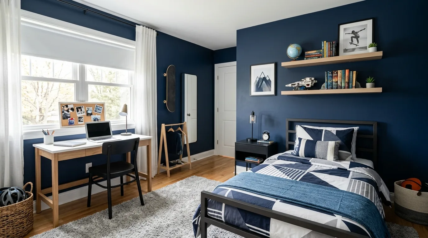 Dark blue boys bedroom with cool collected styling and layered bedding.