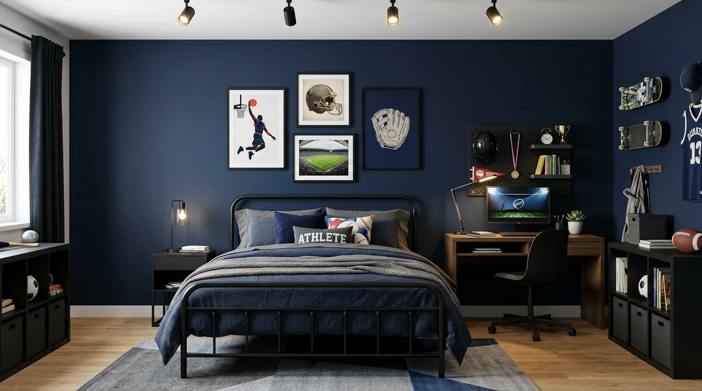 Navy wall paneling in a boys bedroom with tailored collected styling.