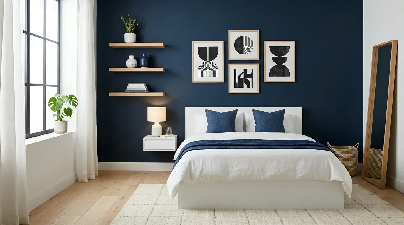 Dark blue boys bedroom with oak furniture and warm balanced styling.