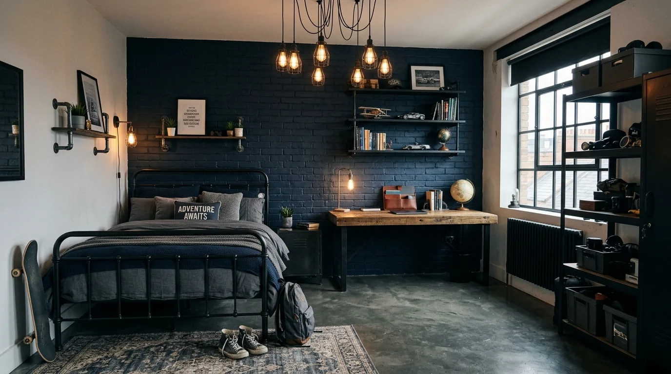 Dark blue boys bedroom with graphic black details and collected styling.