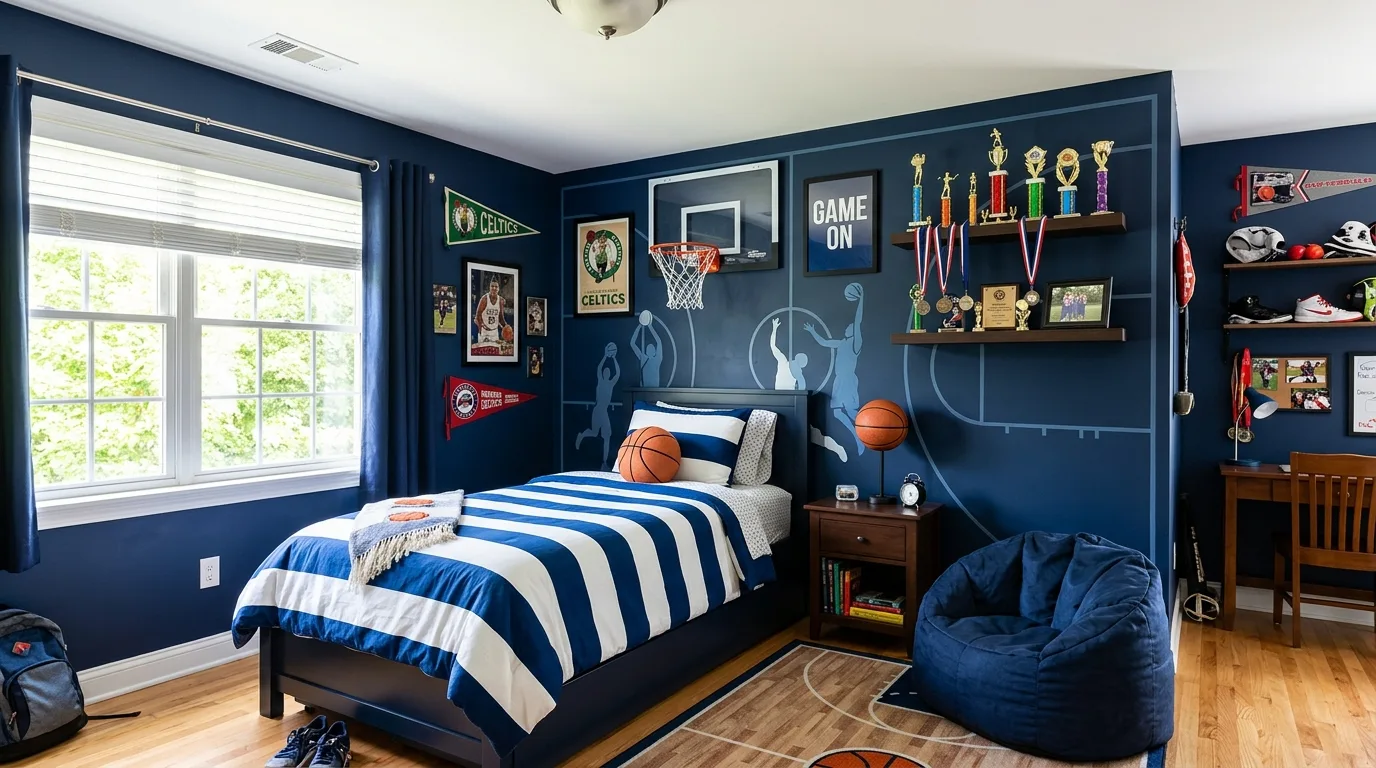 Dark blue boys bedroom with subtle sports-inspired styling and clean design.