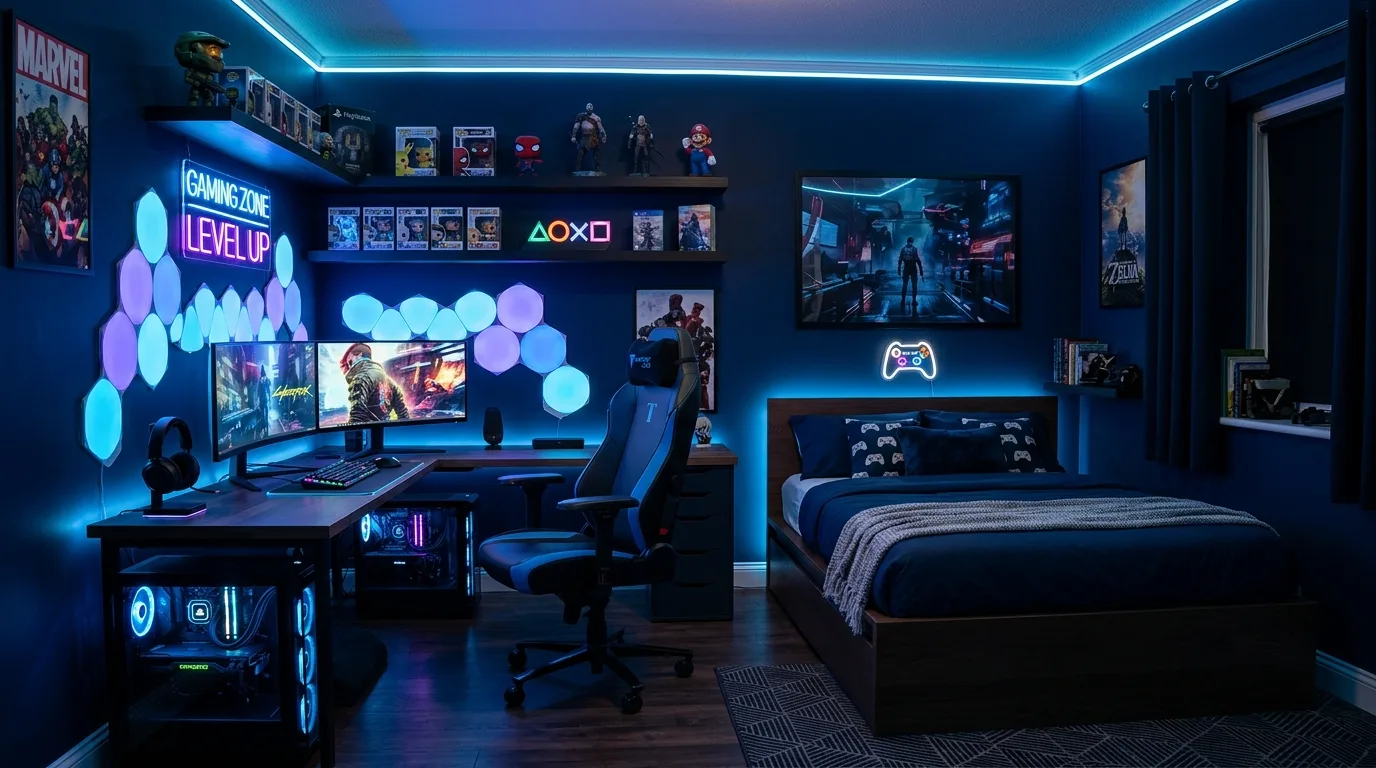 Loft bed in a deep blue boys bedroom with organized cool styling.