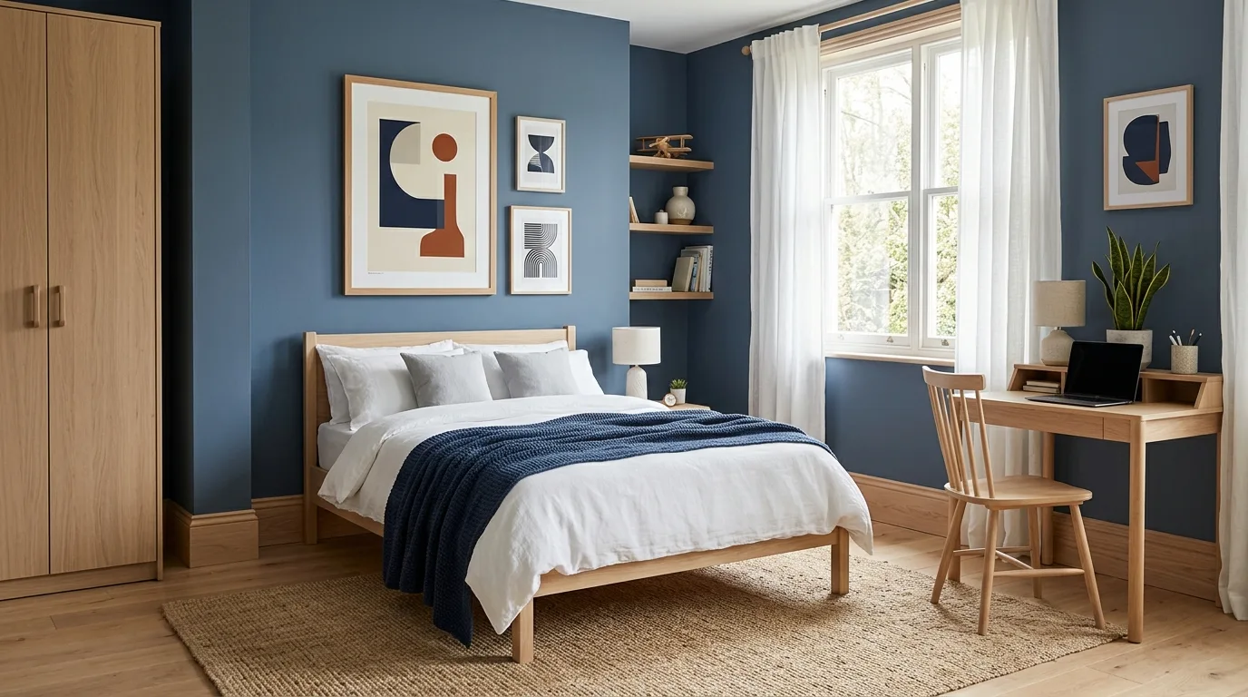 Dark blue and grey boys bedroom with a calm collected atmosphere.