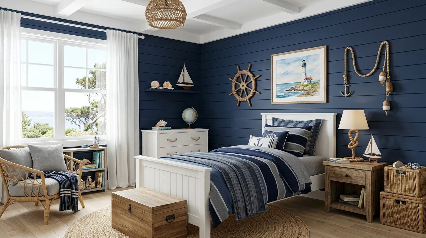 Dark blue wallpaper with subtle pattern in a cool boys bedroom.
