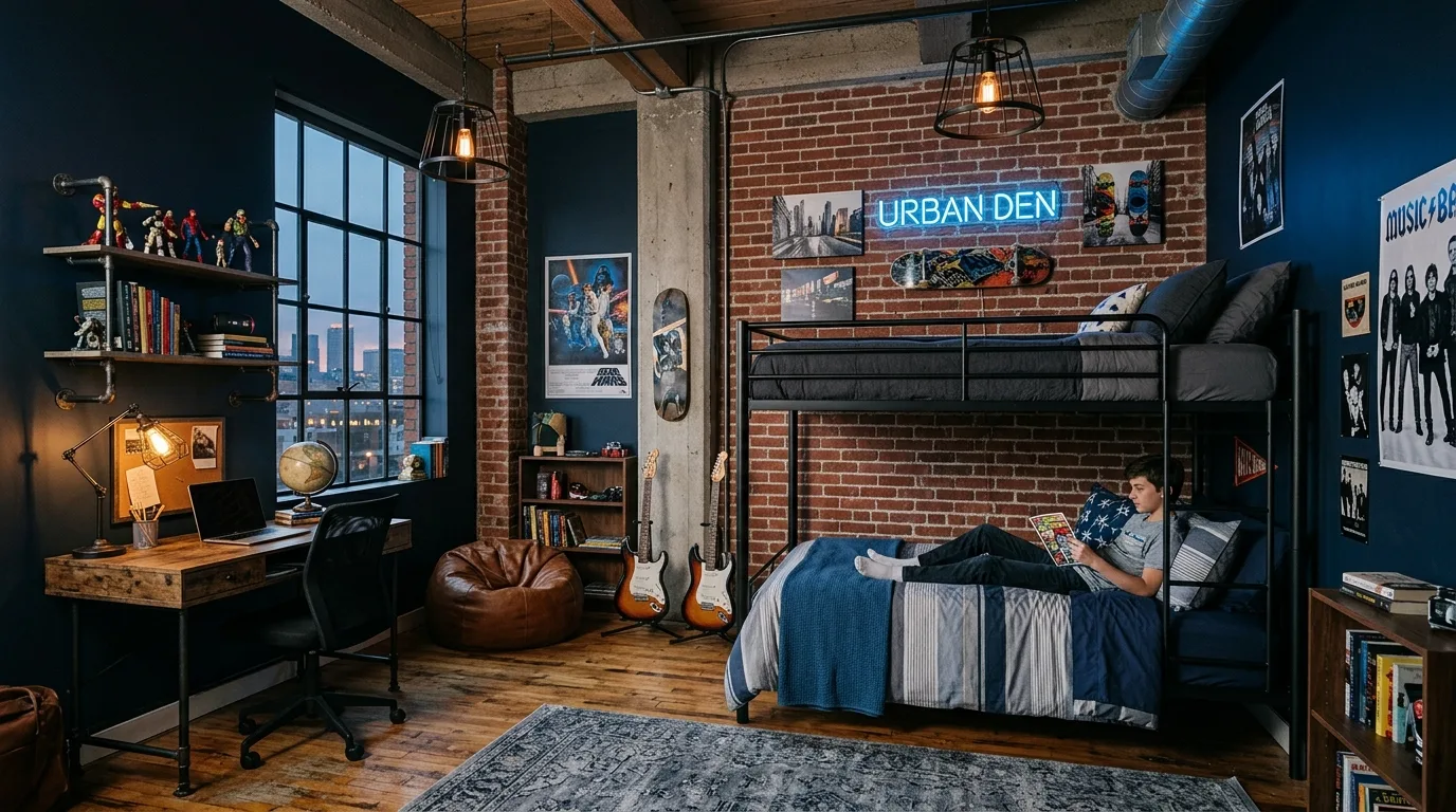 Collected shelving against a navy backdrop in an organized boys bedroom.