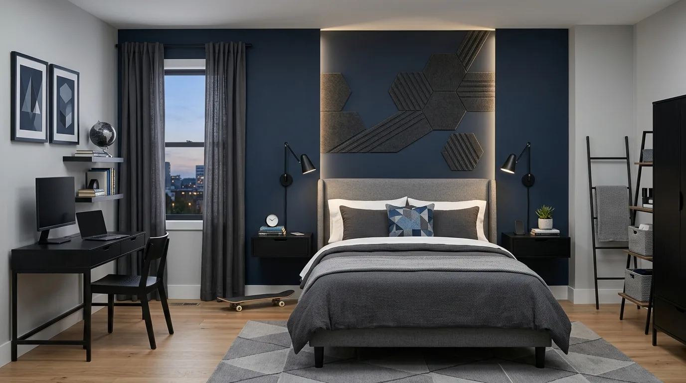 Dark blue boys bedroom with white trim and clean architectural definition.