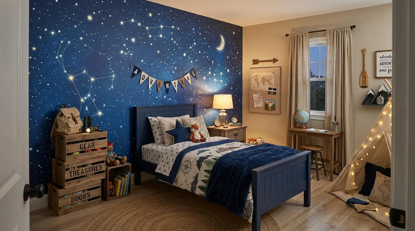 Dark blue bedding in a brighter boys bedroom with clean layered styling.