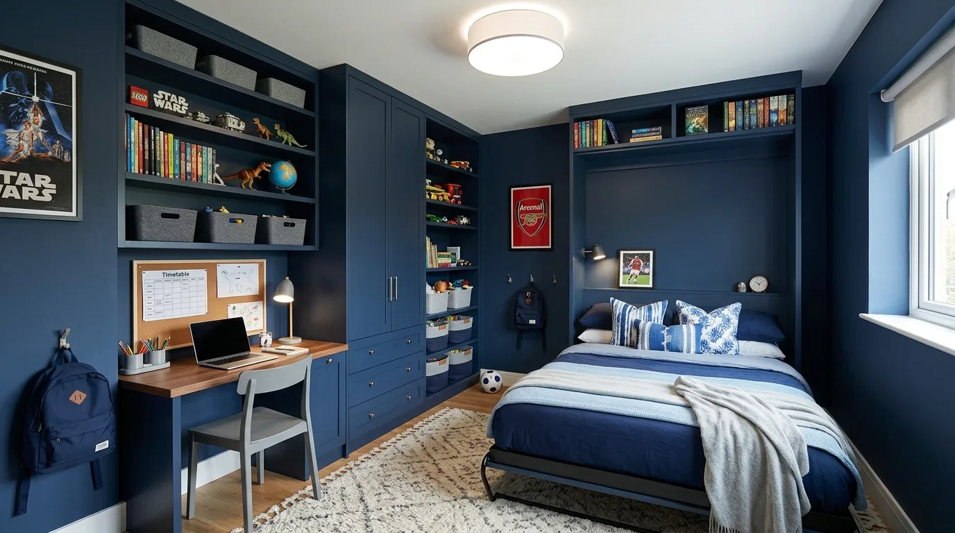 Navy desk nook in a boys bedroom with cool collected organization.