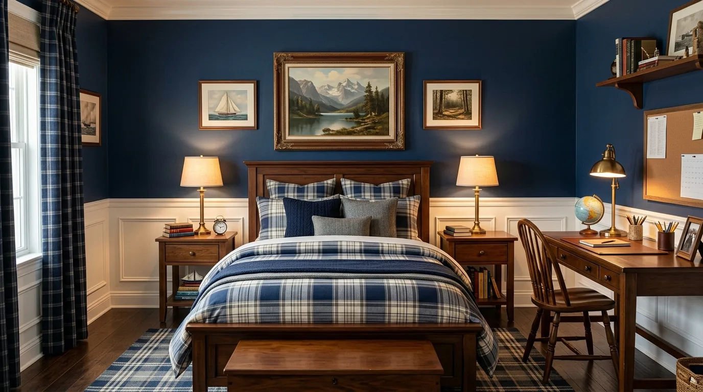 Dark blue boys bedroom with subtle adventure-inspired styling and calm design.