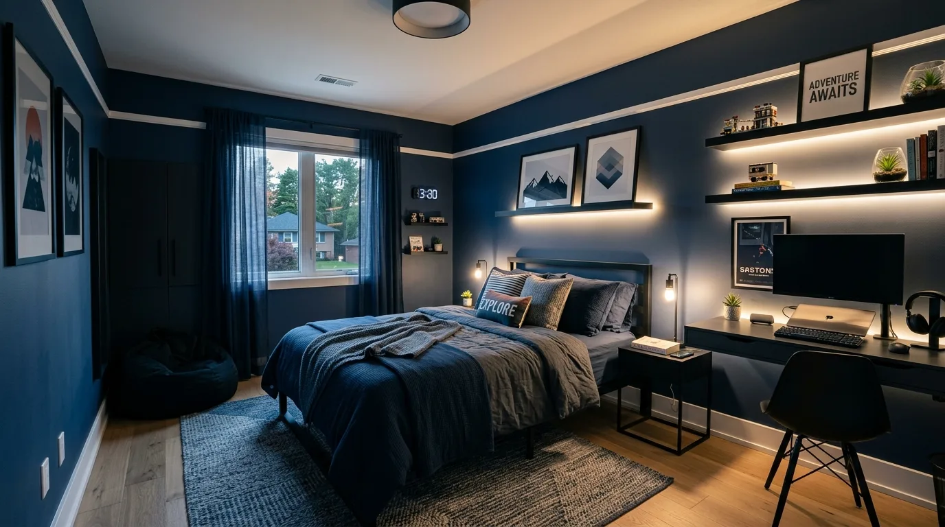 Dark blue boys bedroom that feels cool calm and lasting with layered clean styling.