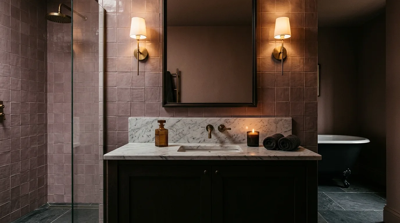 start with the main color or material story in a bathroom inspired by dark pink sultry mature.