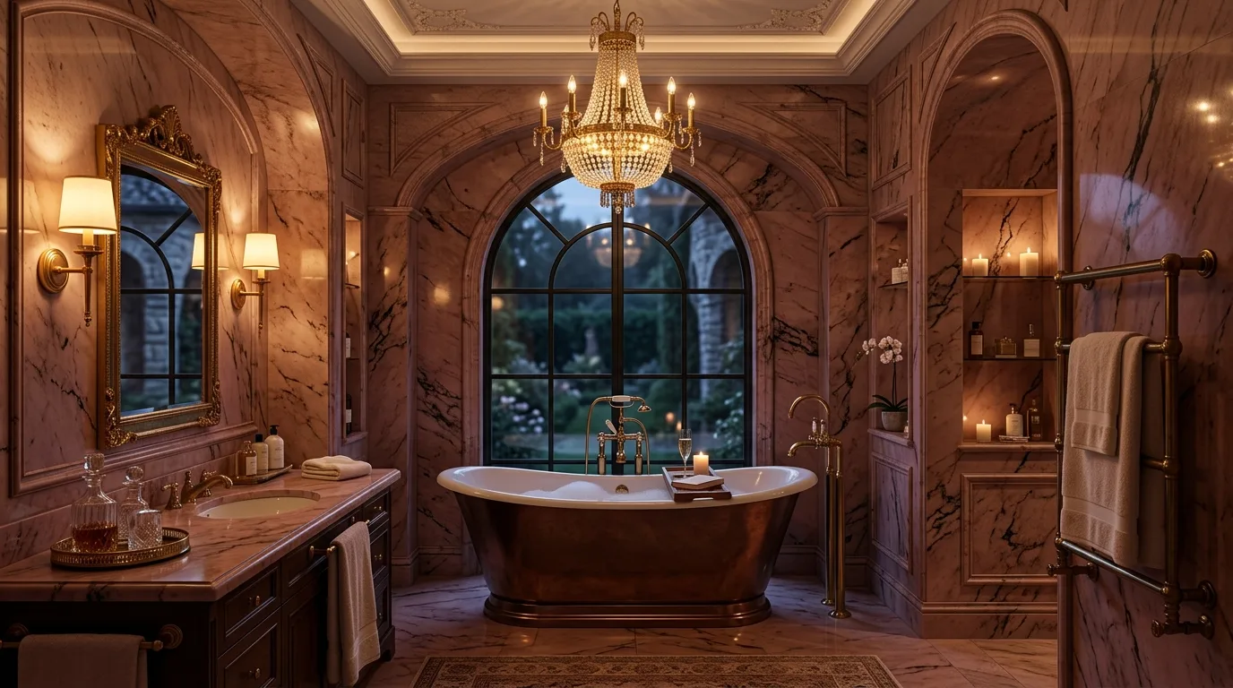 add texture for more depth in a bathroom inspired by dark pink sultry mature.