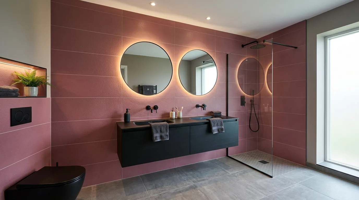 keep fixtures and lines thoughtful in a bathroom inspired by dark pink sultry mature.