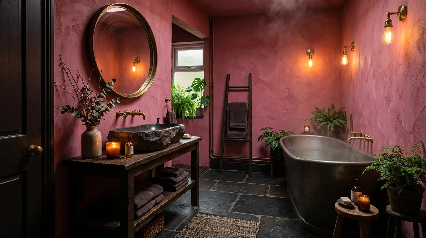 balance boldness with breathing room in a bathroom inspired by dark pink sultry mature.