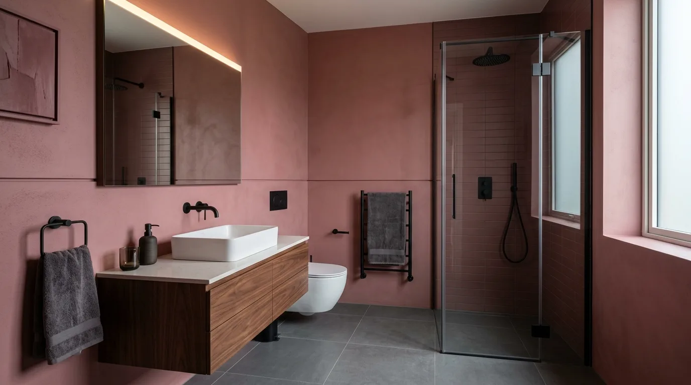 use decor that reinforces the look in a bathroom inspired by dark pink sultry mature.
