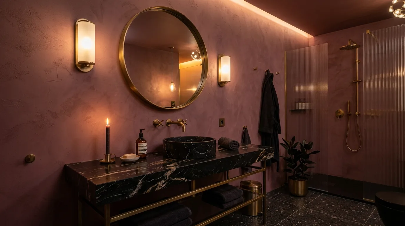 create a bathroom that feels complete in a bathroom inspired by dark pink sultry mature.