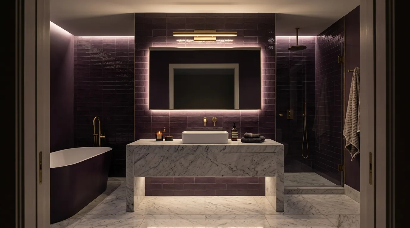start with the main color or material story in a bathroom inspired by dark purple mysterious luxe.