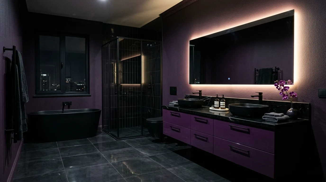 pair it with finishes that support the mood in a bathroom inspired by dark purple mysterious luxe.