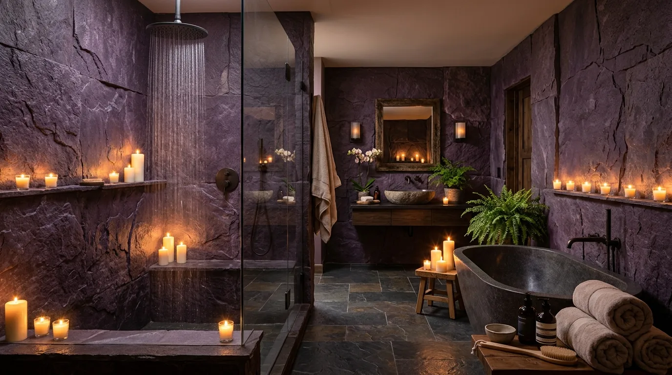 use lighting to bring the space to life in a bathroom inspired by dark purple mysterious luxe.