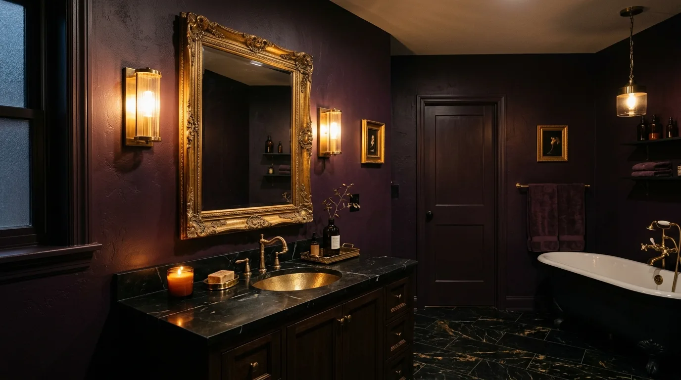 add texture for more depth in a bathroom inspired by dark purple mysterious luxe.