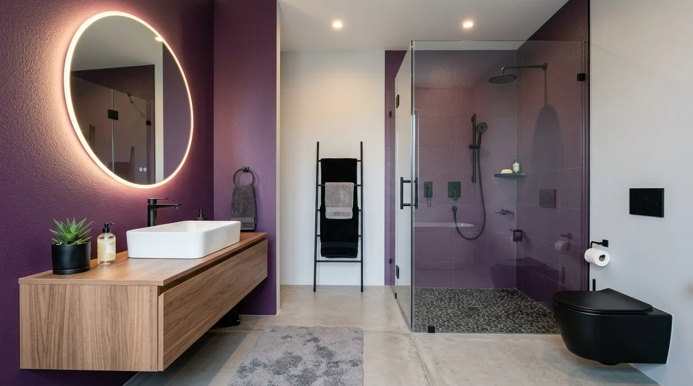 keep fixtures and lines thoughtful in a bathroom inspired by dark purple mysterious luxe.