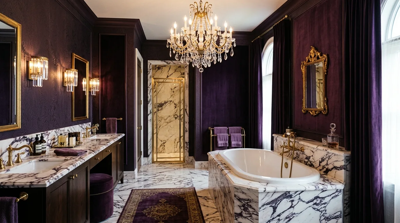 balance boldness with breathing room in a bathroom inspired by dark purple mysterious luxe.