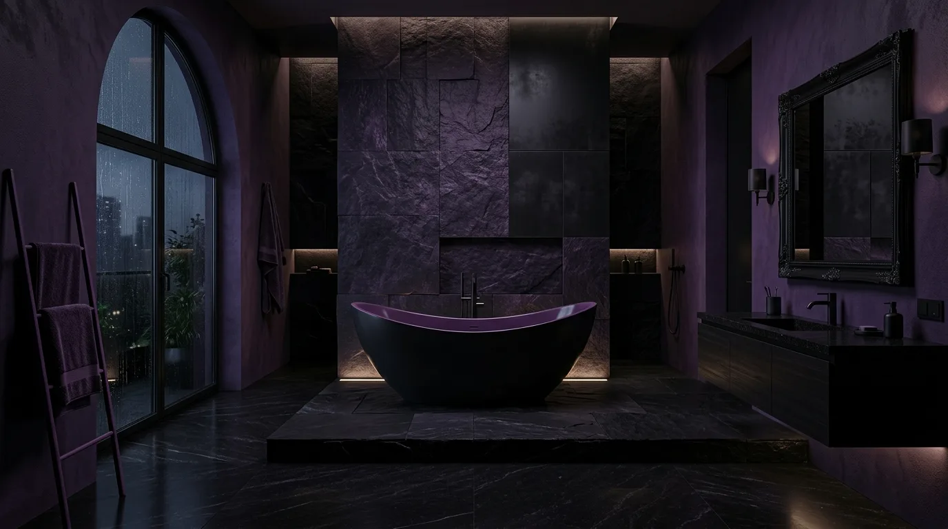 let the room feel personal and restful in a bathroom inspired by dark purple mysterious luxe.