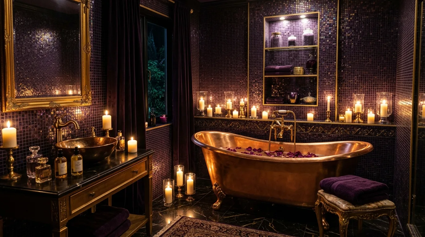 create a bathroom that feels complete in a bathroom inspired by dark purple mysterious luxe.