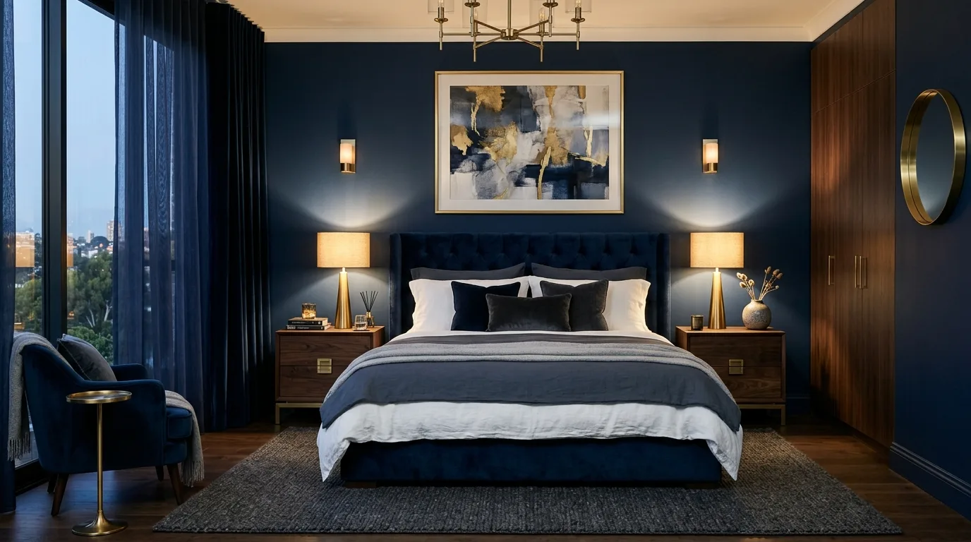 Deep blue bedroom with layered bedding and soft moody lighting.