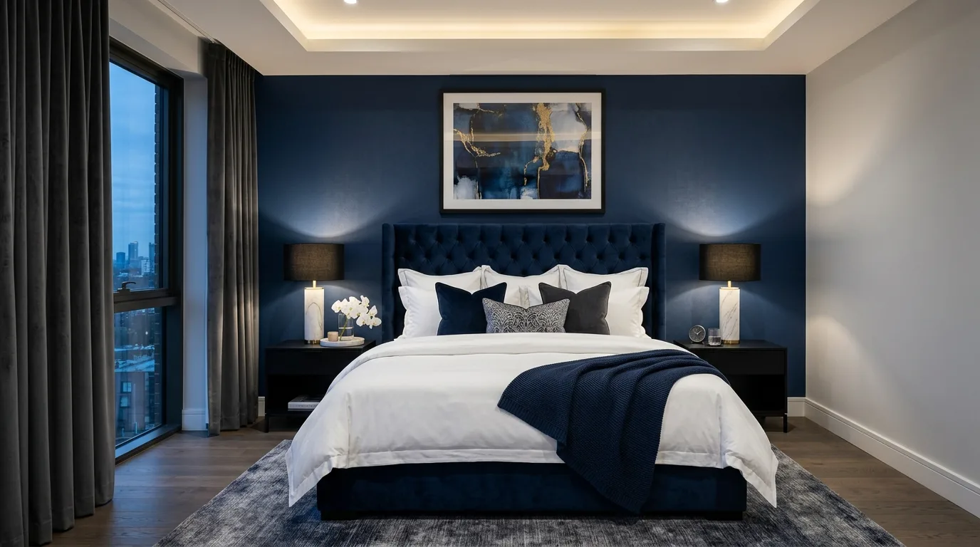 Midnight blue velvet headboard in a moody layered bedroom.