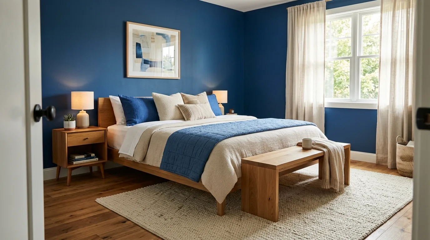 Navy wall paneling with brass sconces in a refined bedroom.