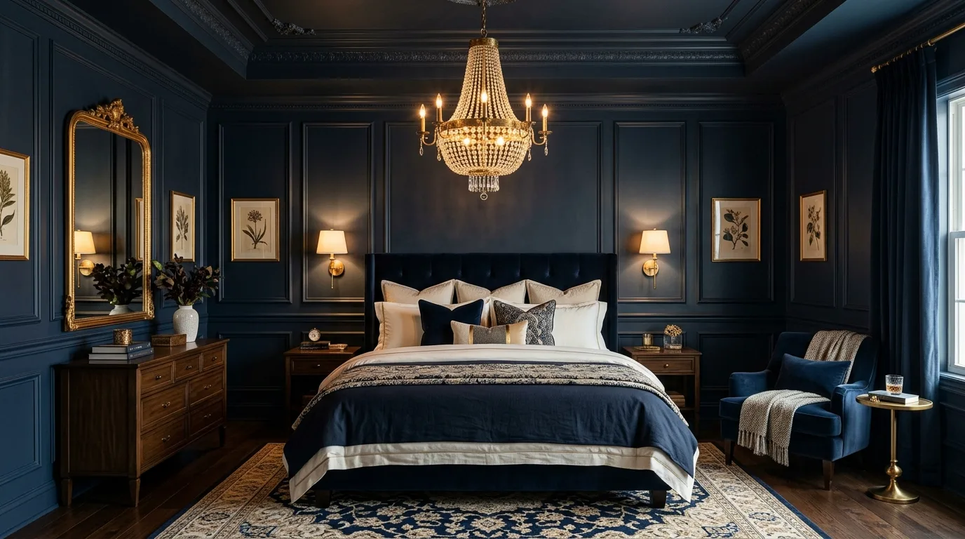 Deep blue bedding over warm oak floors in a serene bedroom.