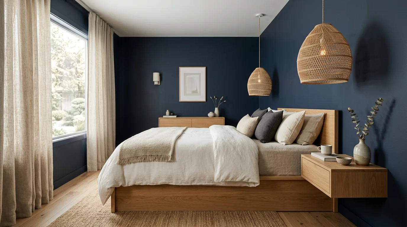 Layered blue bedding and textiles in a moody tonal bedroom.