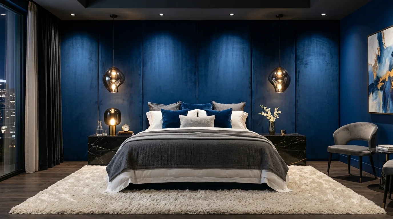Charcoal blue bedroom with black accents and layered bedding.