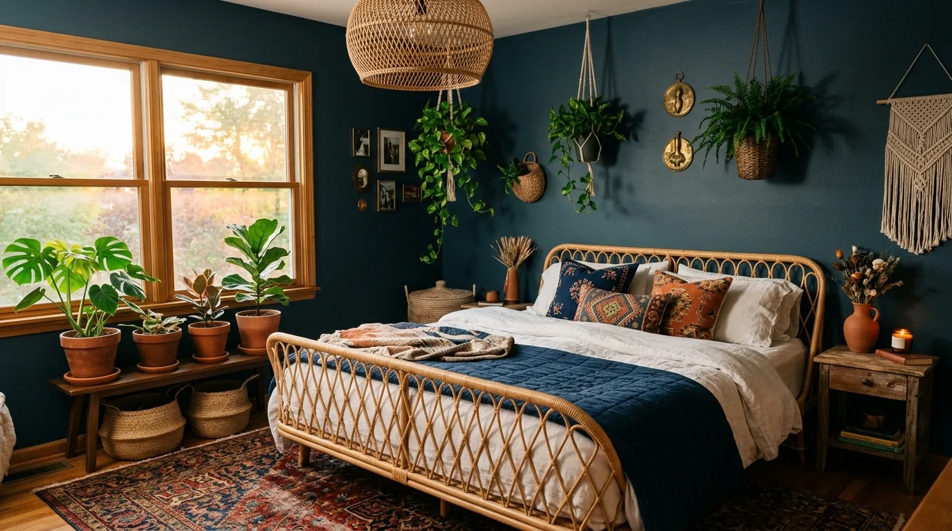 Deep blue bedroom balanced by cream textiles and warm lighting.