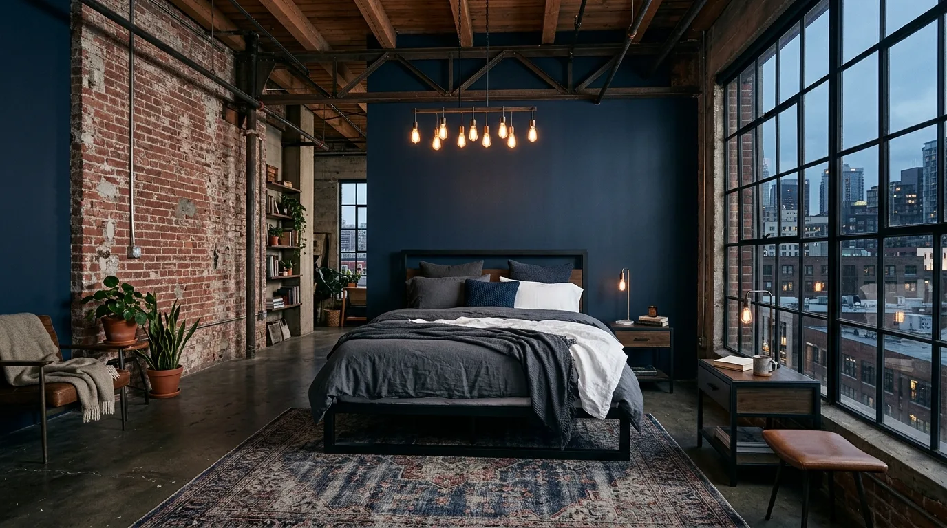 Minimal deep blue bedroom with clean lines and a low-profile bed.