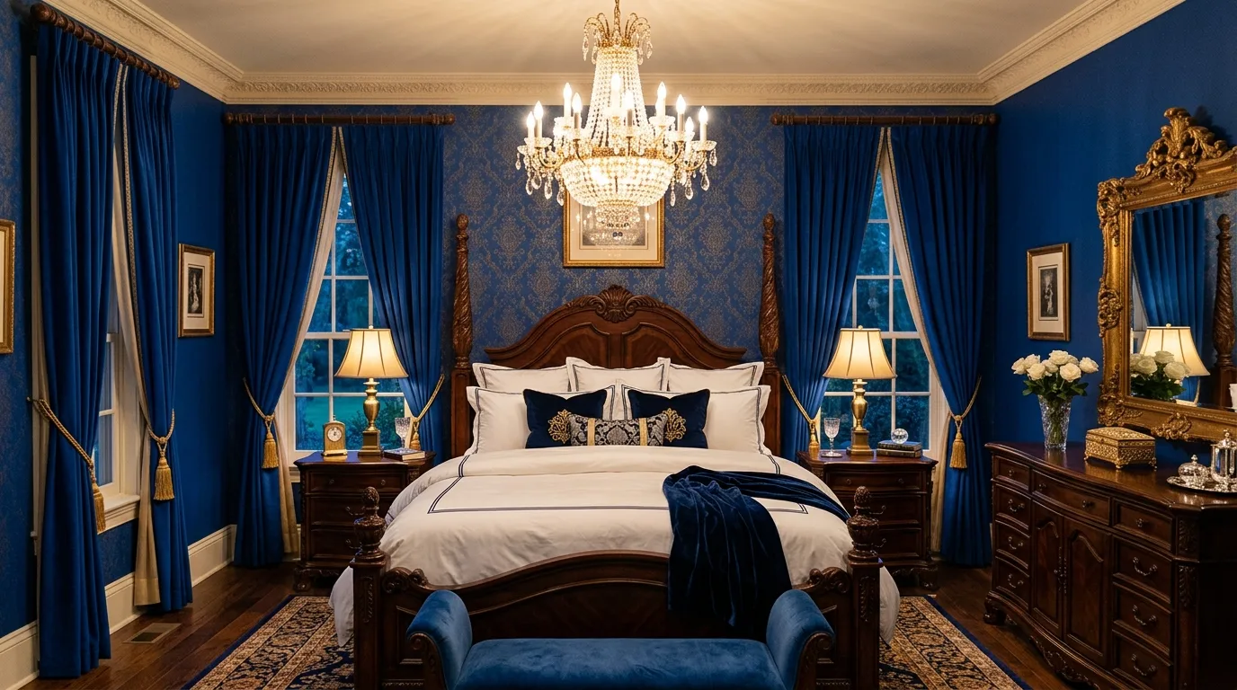 Stormy blue bedroom with layered grey blankets and pillows.